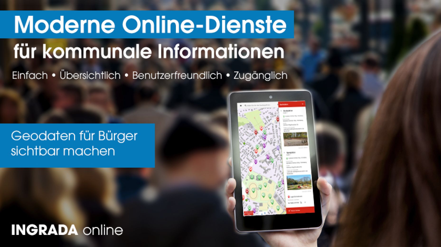 Tablet, dass die Verschneidung unterschiedlicher Dienste in einer Onlinekarte symbolisiert.