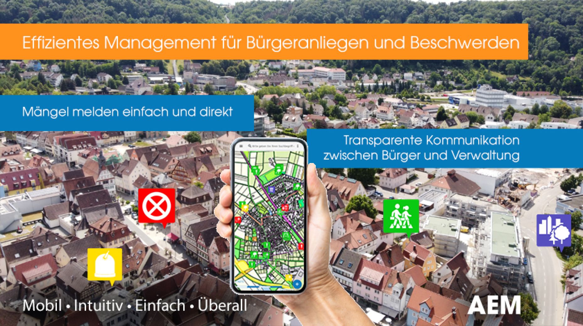 Im Hintergrund sieht man eine Stadt mit AEM Symbolen. 