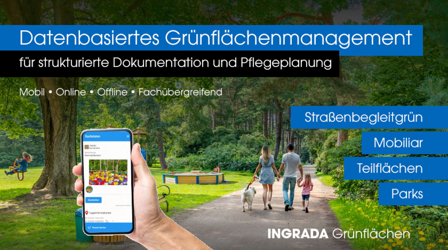 Im Vordergrund ist ein Parkweg zu sehen, auf dem eine Familie mit Kind und Hund spaziert. Links ist ein Spielplatz mit Rutsche, Bänken und Mülleimern. Rechts und links stehen große Bäume und 