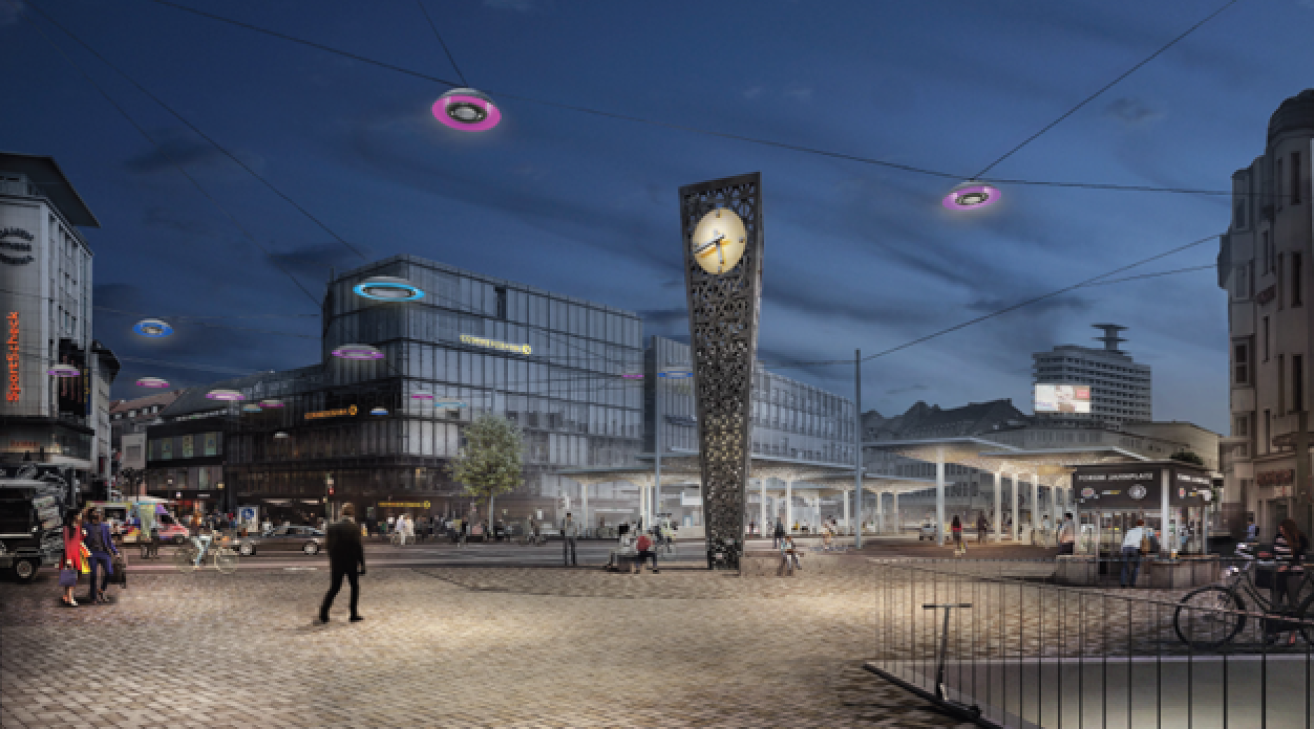 Abendliche Szene auf einem großen Stadtplatz mit moderner, intelligenter Beleuchtung. Mehrere ringförmige LED-Leuchten hängen an gespannten Drahtseilen zwischen den Gebäuden und leuchten in s